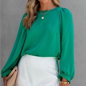 Flawless Green Satin Top Gathered Shoulder Dolman Sleeve Sz XL